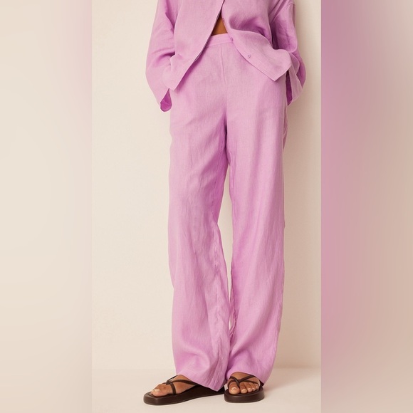 NA-KD Romee Strijd 100% Linen Straight Linen Trousers Lilac Pink Sz Small - Picture 16 of 16